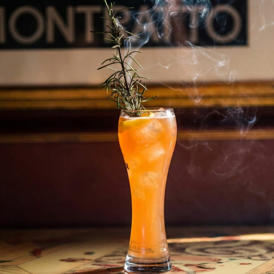 Orange cocktail with ice and rosemary garnish in a tall glass, set on a wooden table in a warmly lit restaurant.